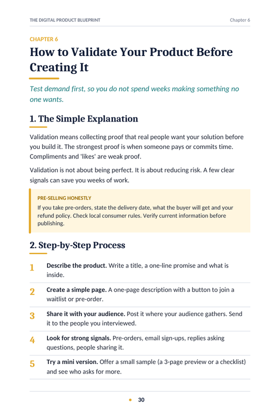 Sample page from Chapter 6 showing steps for validating a product before creating it