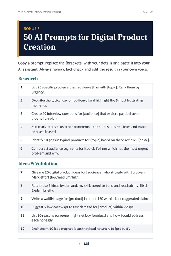 Sample page from Bonus 2 showing AI prompts for digital product creation